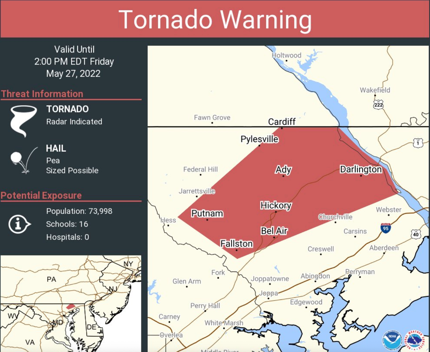 Harford County Tornado Warning Today: NWS Issues Severe Alert for Harford County as Damaging Winds and Hail Target the Maryland Region