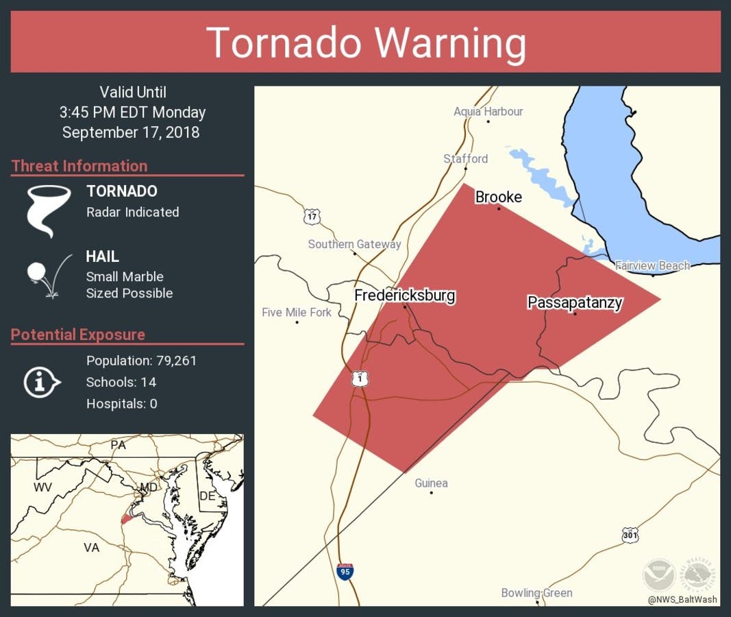 Fredericksburg Virginia Tornado Warning Today: NWS Issues Severe Alert for Spotsylvania County as Damaging Wind and Large Hail Target the Region